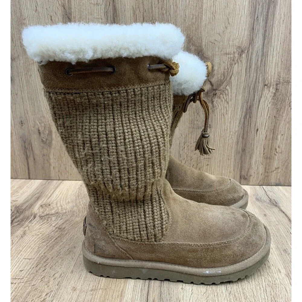 UGG AUSTRALIA Sock Boots Girls 3 Brown Suede Leather & Textile Fur String 5921